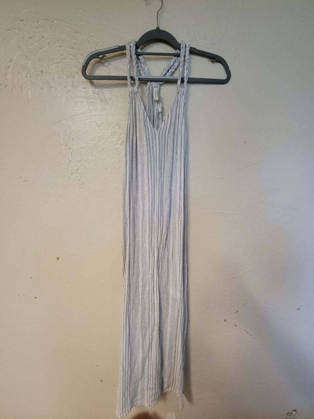 Size Small by C & C Calfornia Gray & White Striped Summer Dress 51% Linen #156